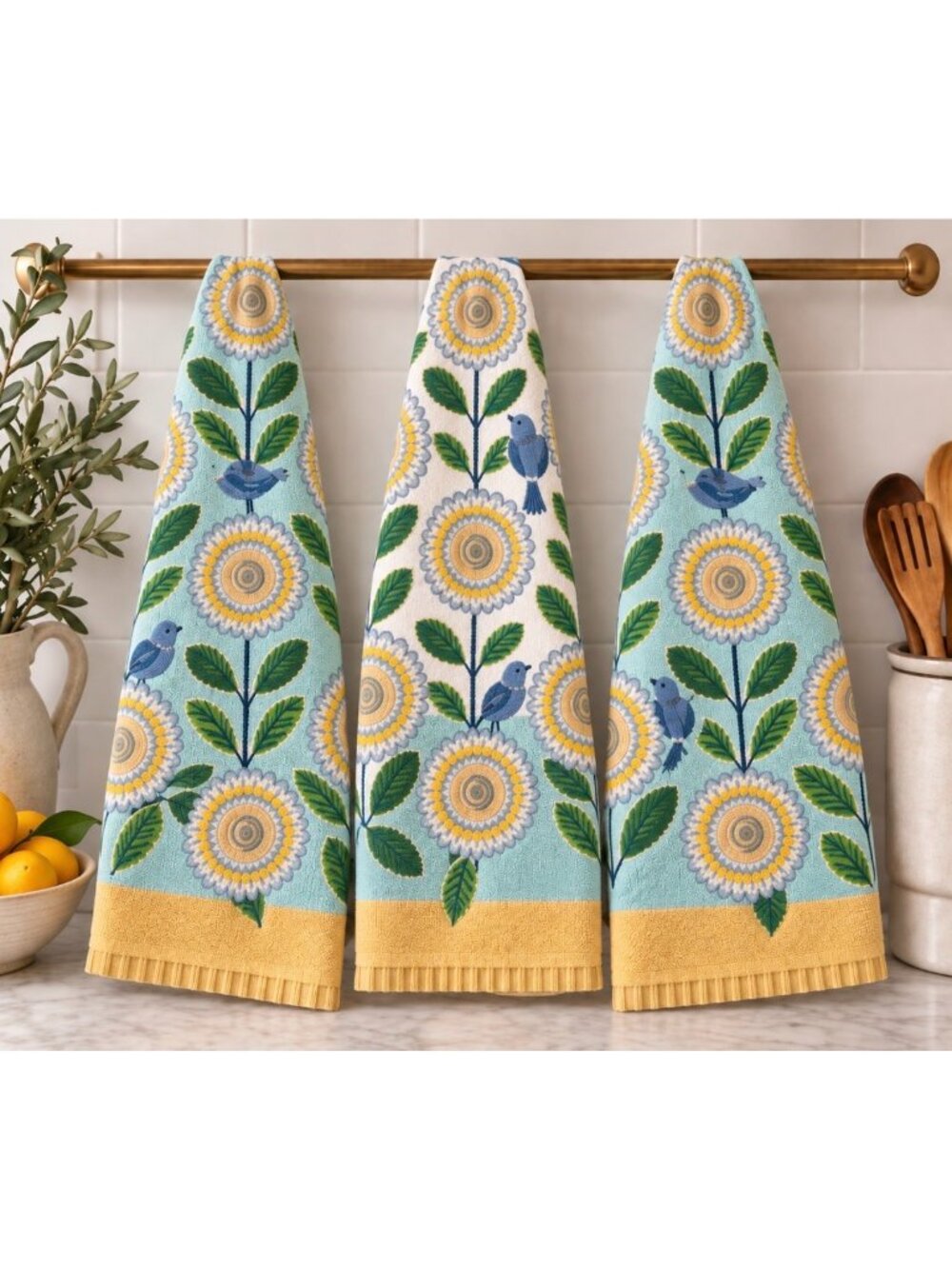 Floral & Bird Kitchen Tea Towels Terry 27.5x17 Set of 3 Yellow, Aqua Blue Green